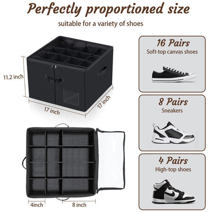 PAKISOU Shoe Storage Organizer, Fits 16 Pairs, Closet Shoe Box with Adjustable Dividers & Transparent Lid, Foldable Fabric Shoe Container with Handles for Space-Saving Shoe Storage (Black)