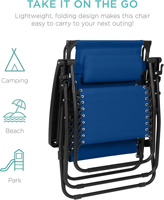 Best Choice Products 30” Wide Folding Zero Gravity Outdoor Recliner Patio Lounge Chair w/Adjustable Canopy Shade, Headrest, Side Accessory Tray - Marine