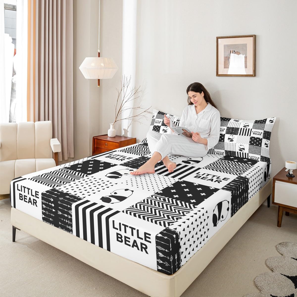 Cute Panda Kids Fitted Sheet Queen Size,Wild Animals Geometric Grids Stripes Patchwork Bedding Set,Boys Girls Adults Room Decor,Arrows Boho Bed Cover,Black White Bed Sheet,2 Pillowcases
