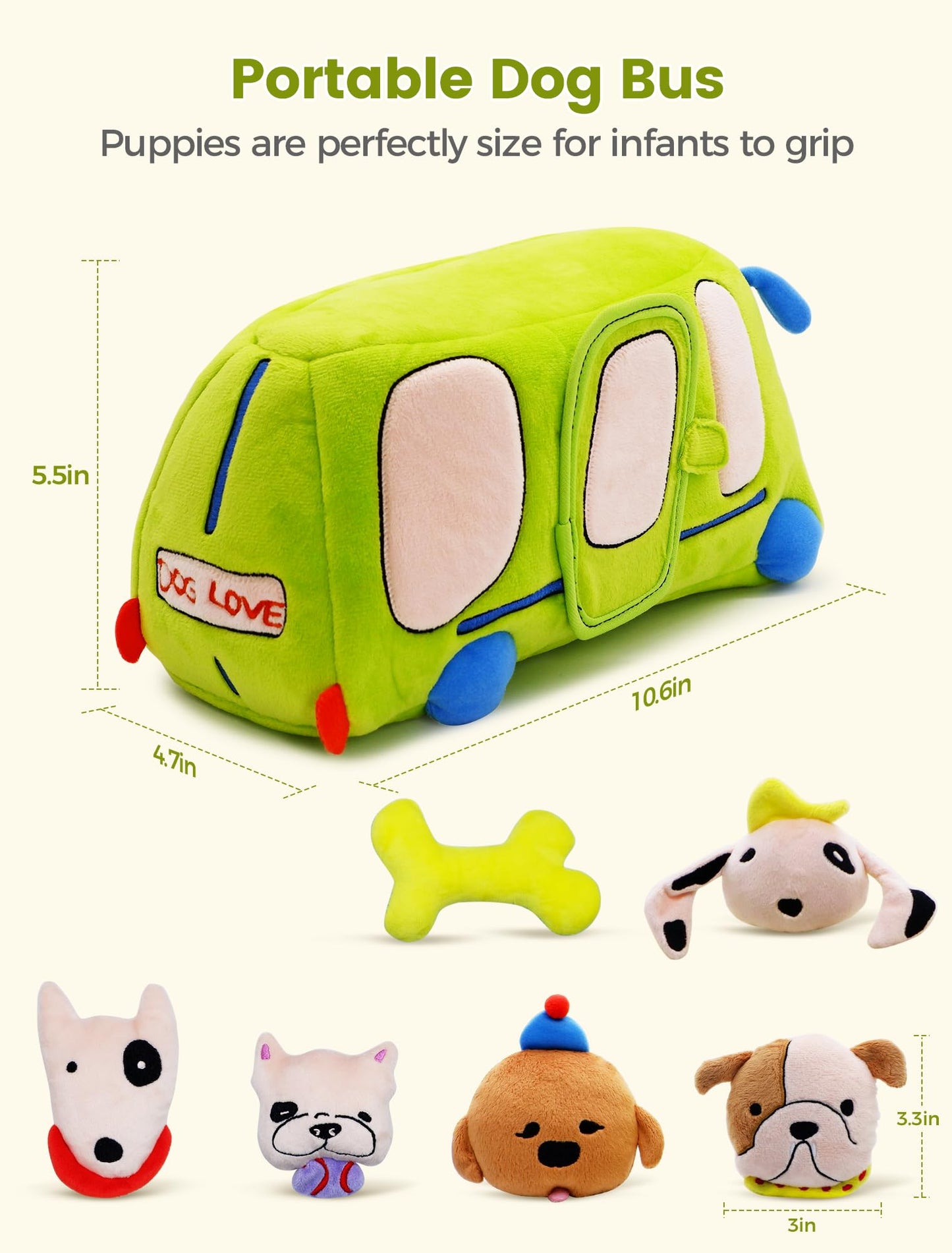 BizyKoady Baby Toys 6-12 Months - Sensory Toys Bus with Stuffed Puppies, Rattle, Crinkle Paper, Mirror & Squeaker, Montessori Toys for 6 Month Old Babies, Sensory Balls Toddlers 1-3