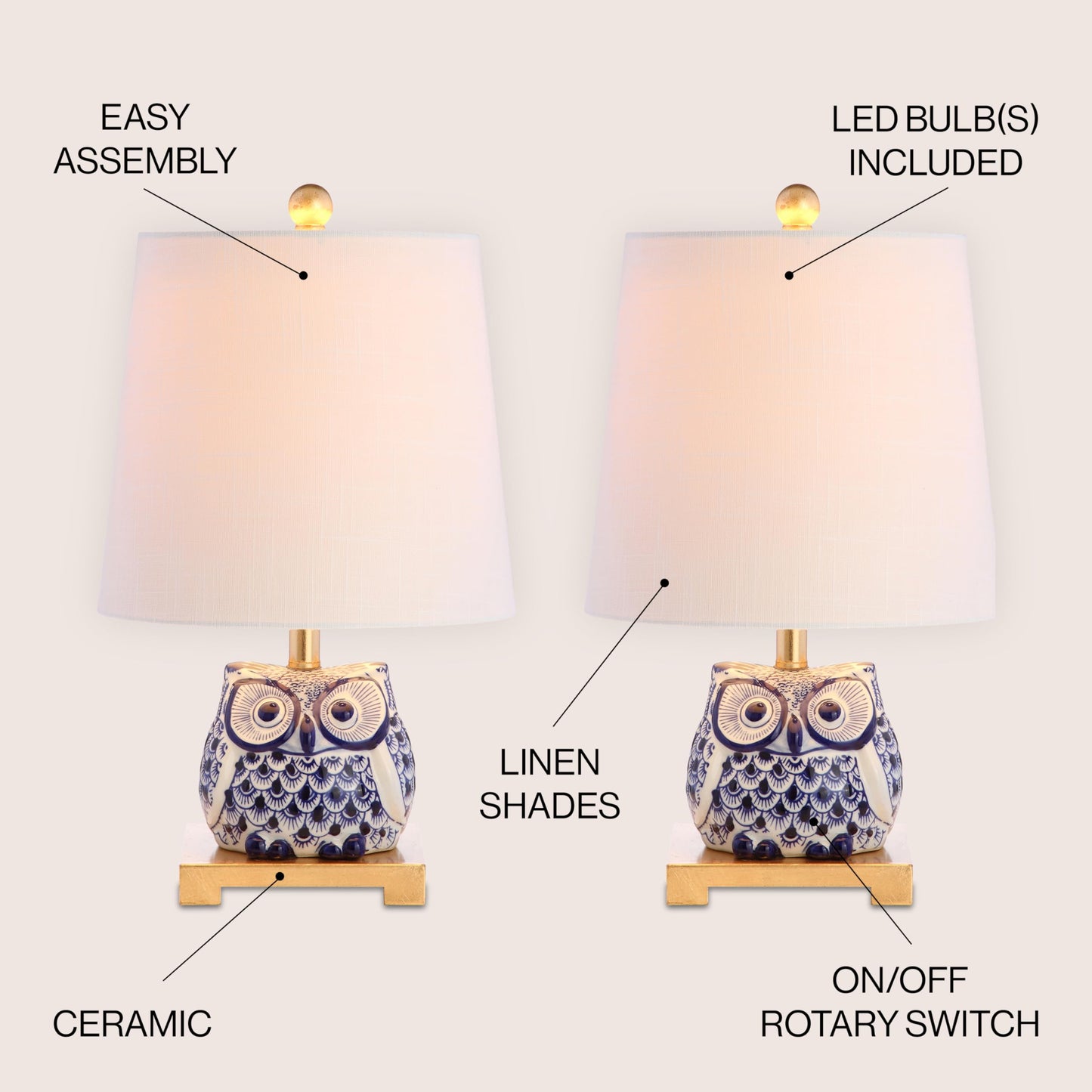 JONATHAN Y 16" Blue/White Ceramic Owl Mini Table Lamp for Bedroom or Office, Modern Farmhouse Nightstand Lamp with White Linen Shade, LED Bulb Included (JYL3014A-SET2)