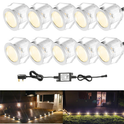 INDARUN Warm White Led Decking Lights Outdoor Waterproof IP67 Ø30MM 12V - Led Plinth Light Kits for Terrace/Patio/Path/Wall/Garden/Decoration, 10 Packs