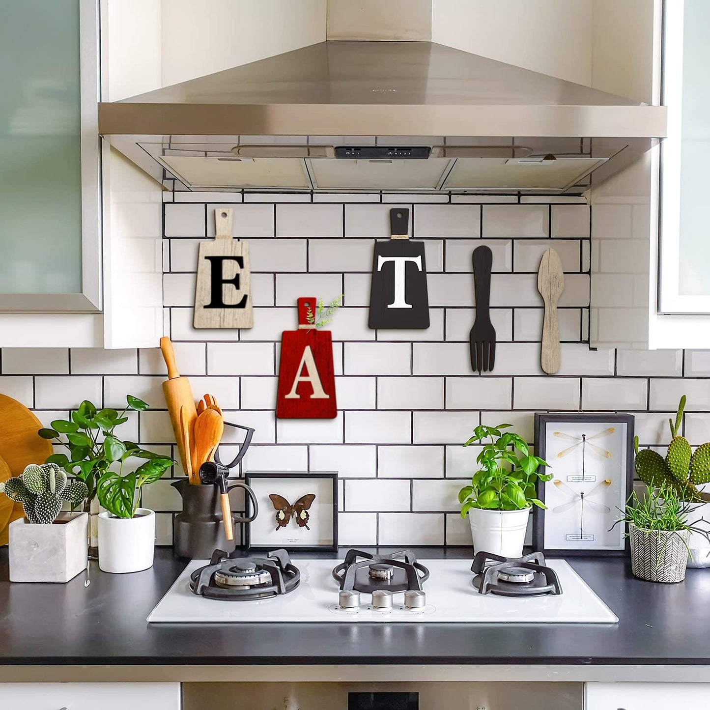 Jetec Cutting Board Eat Sign Set Hanging Art Kitchen Eat Sign Fork and Spoon Wall Decor Rustic Primitive Country Farmhouse Kitchen Decor for Home Decoration(Red, Beige, Gray)