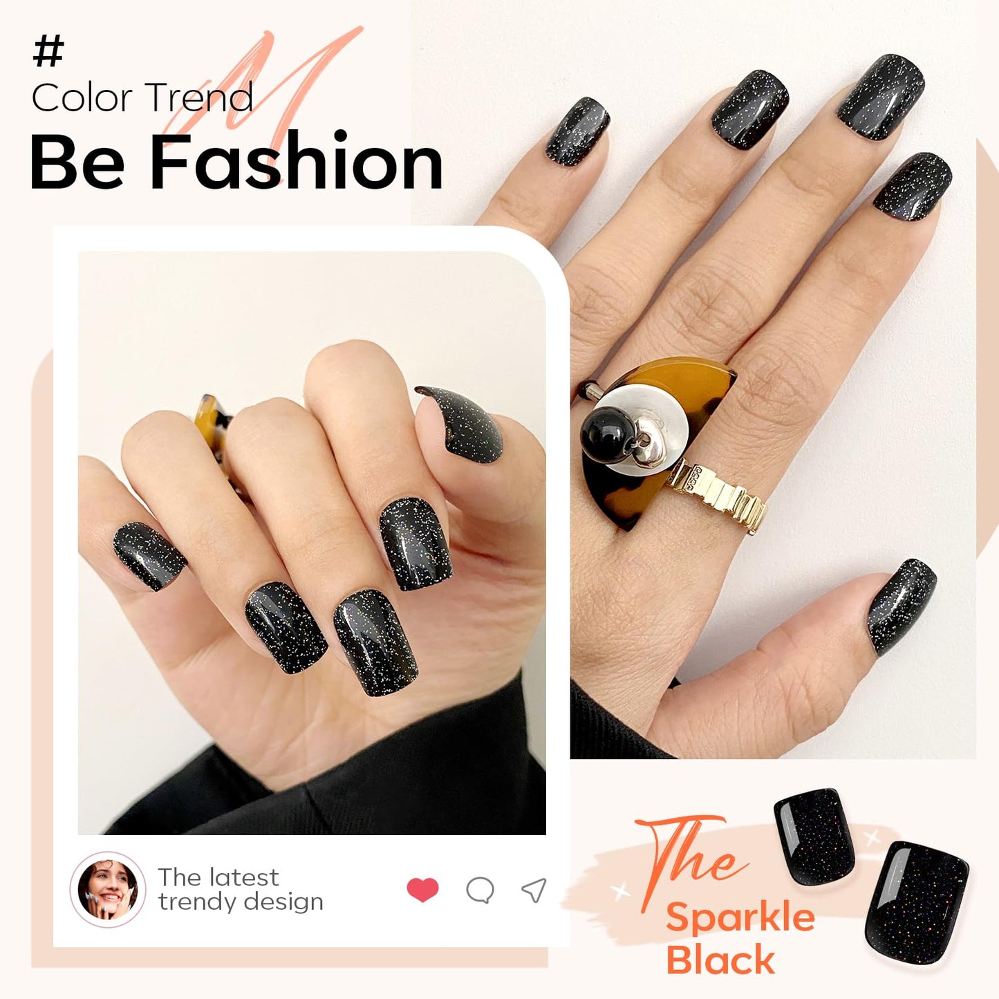 Modelones 32Pcs Sparkle Black Press on Nails, Glitter Short Fall HalloweenSquare Fake Nails, Reusable Nail Kit with Nail Glue Adhesive Tabs Mini Nail File, Nails Press Ons 16 Sizes