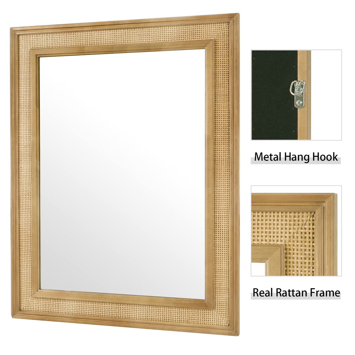 WallBeyond Rattan Wall Mirror Rectangle, 32 X 44 inch Rattan Mirror with Wooden Framed for Wall Decor Bathroom, Living Room, Entryway, Farmhouse, Bedroom