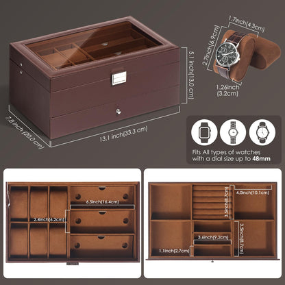 GLJ Jewelry Box for Men, 6 Slot Watch Box Jewelry Organizer With Drawer, Watch Case for Men with Large Window, 2-Layer Watch Holder, Sunglasses Storage Organizer, Velvet Lining, PU Leather, Gift Idea