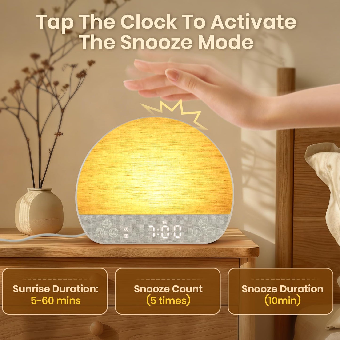 JONRRYIN Sunrise Alarm Clock Tap Snooze, 37 Sounds White Noise Machine Gentle Wake Up Light with Bluetooth, Remote, USB Charging & 15 Color Night Lamp, Sunlight Alarm for Heavy Sleeper Bedroom Gift
