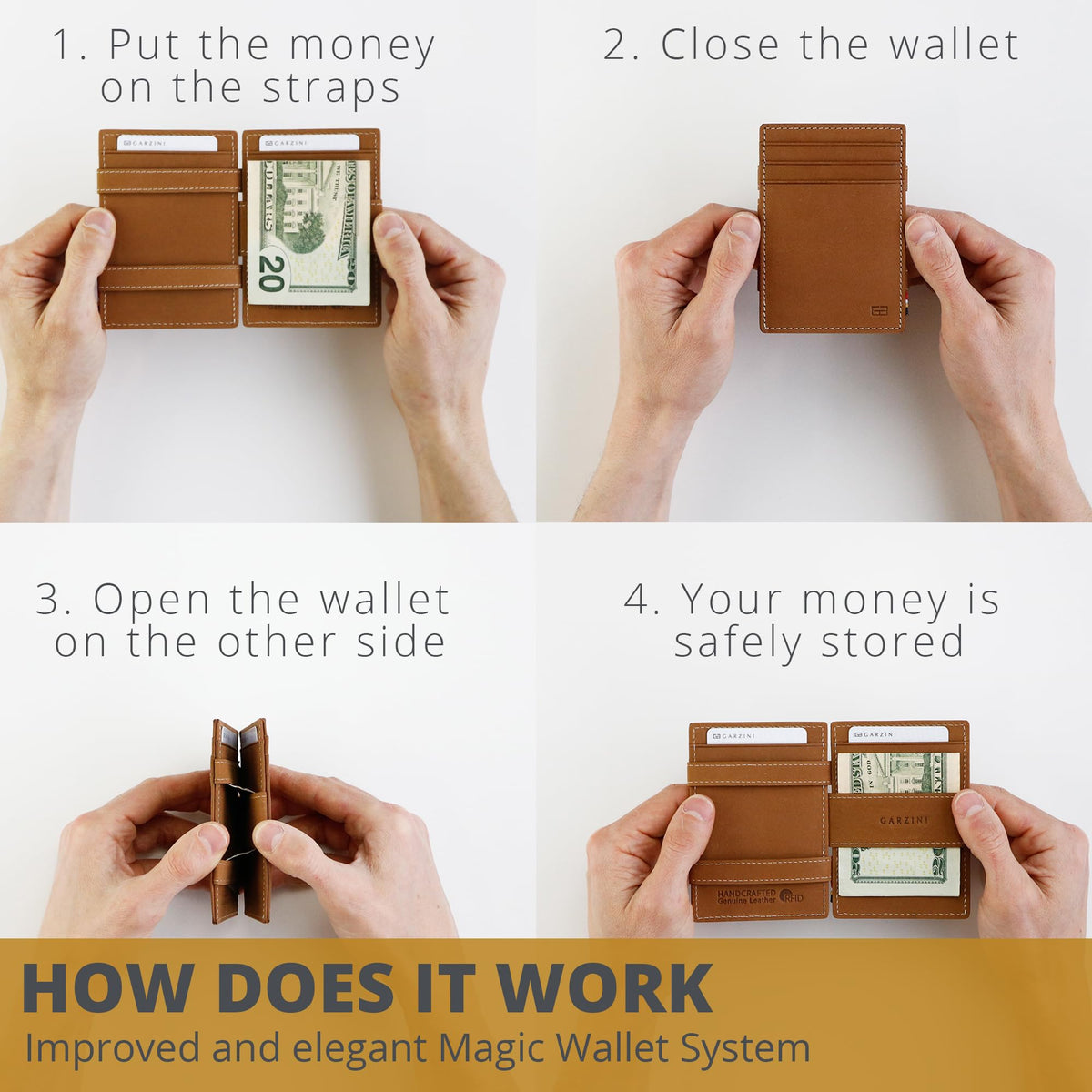 Hunterson Magic Wallet, Minimalist Wallet for Men with RFID card holder, Leather Wallet for 8 cards, Brown