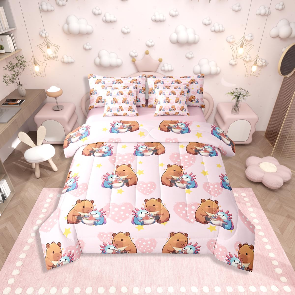 Erosebridal Girls Cute Capybara 7 Pieces Bedding Set, Axolotl Bed in a Bag Full, Capybara Feeding Noodles to Salamanders Pink Comforter Set with Sheets, Star Polka Dot Love Heart Bed Sets