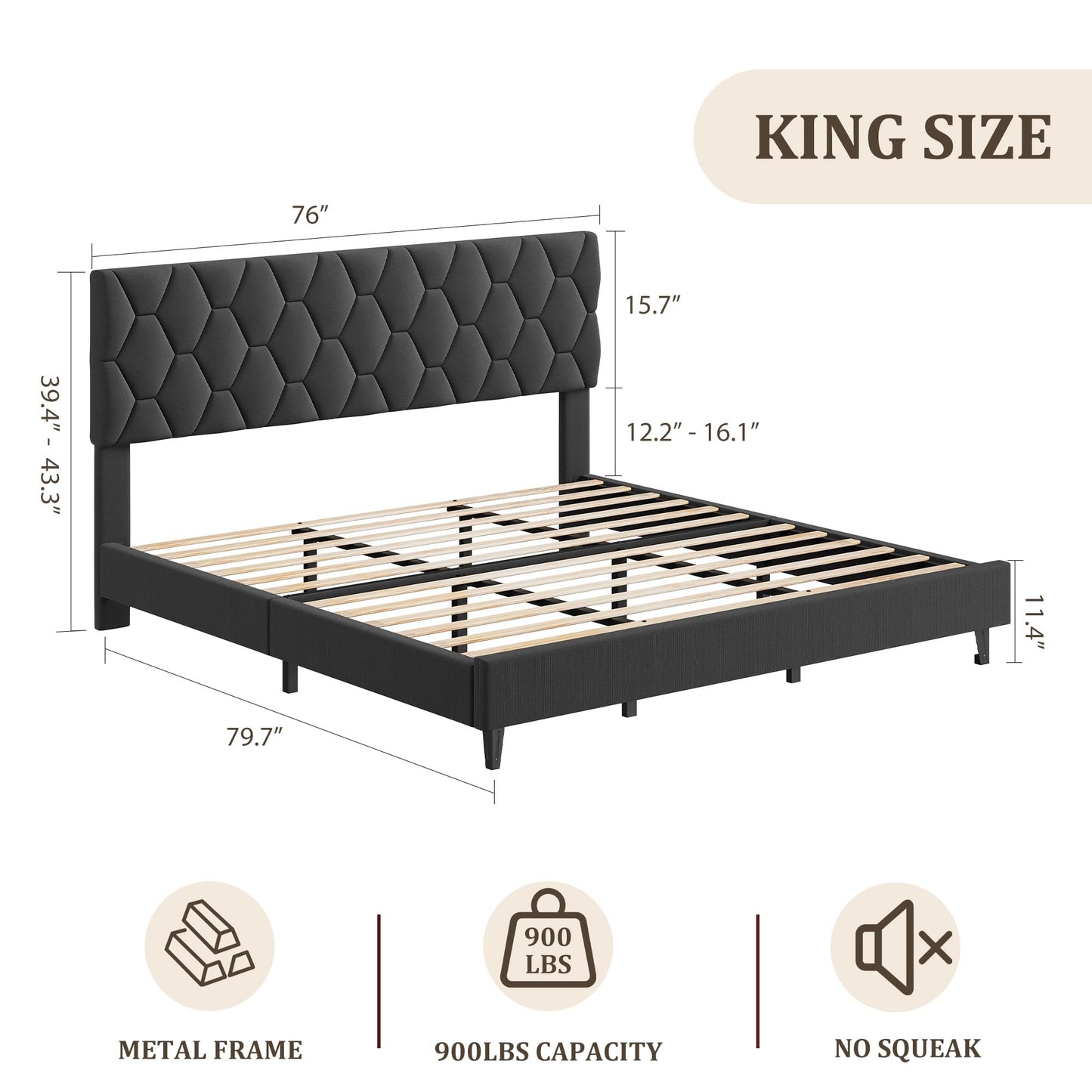 GAOMON Grey King Upholstered Bed Frame with Headboard, Heavy-Duty Platform Bed Frame with Strong Wood Slats, No Box Spring Needed/Easy Assembly/Noise Free