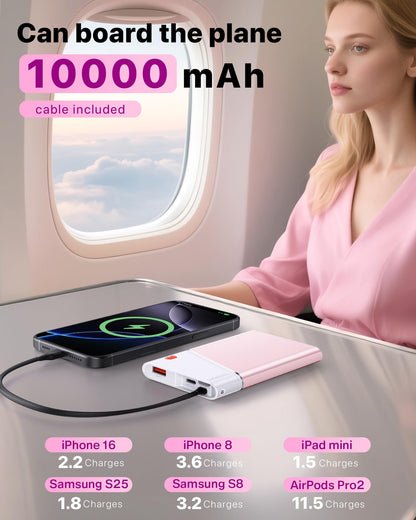 Portable Charger Power Bank, 10000mAh 22.5W PD Super Fast Charging Powerbank with Built-in USB C in&Out Cable, Slim External Phone Battery Pack for iPhone 17/16/15 iPad Samsung S24 Android etc