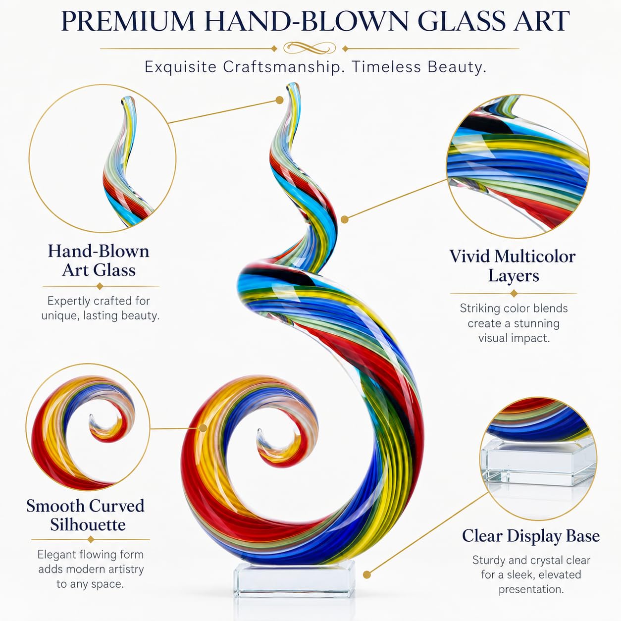 XMGZQ 13.7" Colour Hand-Blown Art Glass Sculpture,Abstract Rainbow Swirl Style Sea Glass Statue and Figurine,Coastal Ocean Nautical Home Decor,Shelf,TV Stand,Tabletop Centerpieces,Wonderful Gift
