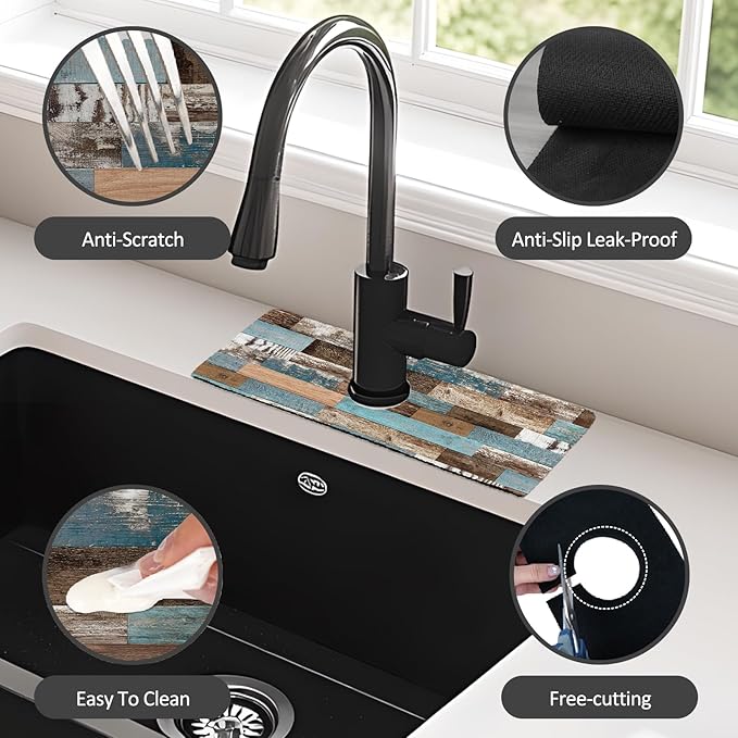 2PCS 15" X 5.5" Kitchen Sink Splash Guard Faucet Mat Wood Grain Super Absorbent