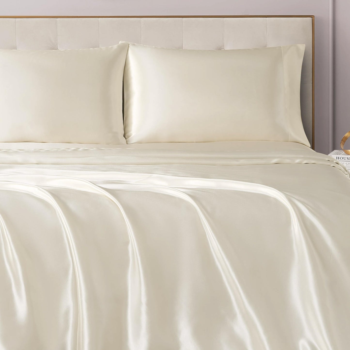 Juicy Couture Full Size Satin Bed Sheet Set, Deep Pocket Silky Full Sheet Set with 1 Fitted Sheet, 1 Flat Sheet and 2 Pillow Case, Wrinkle Resistant and Anti Pilling Bed Sheets - Ivory