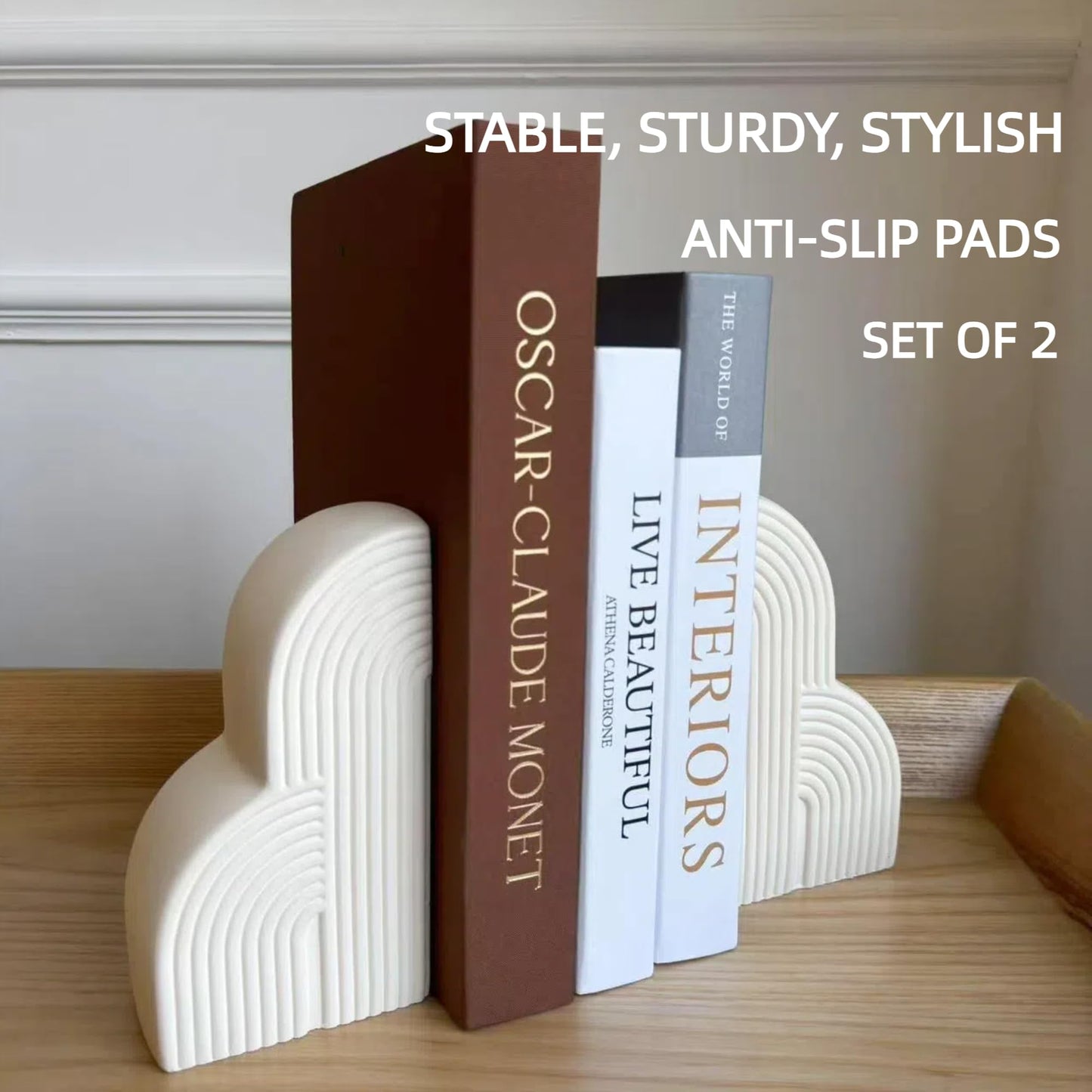 Bookends Decorative for Heavy Books - Aesthetic Boho Style, Cream White