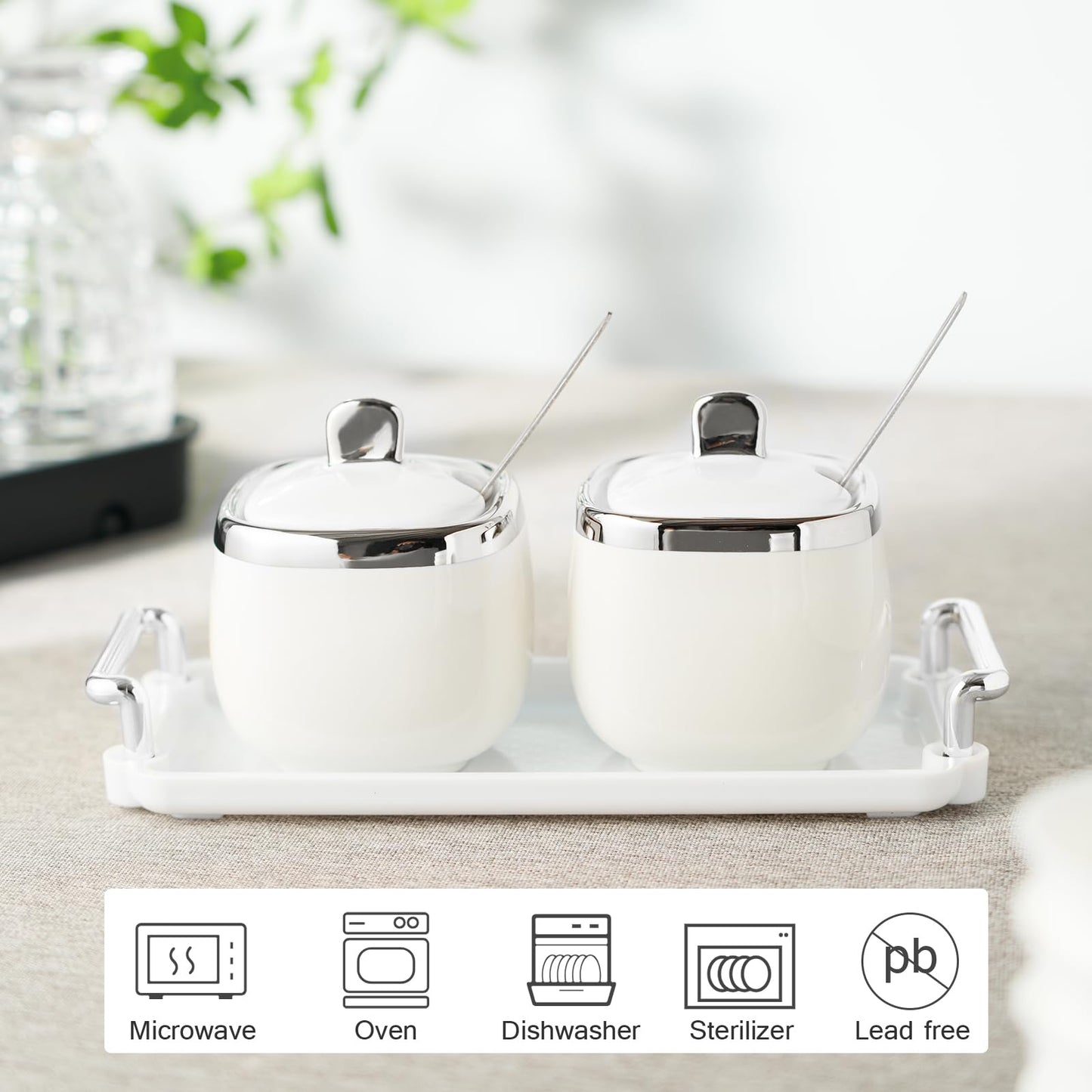 EABOSON Ceramic Sugar Bowl 2 Pack, Porcelain Seasoning Jar with Tray, Spoon and Lid for Sugar, Pepper, Coffee, Spice, Salt (silver)