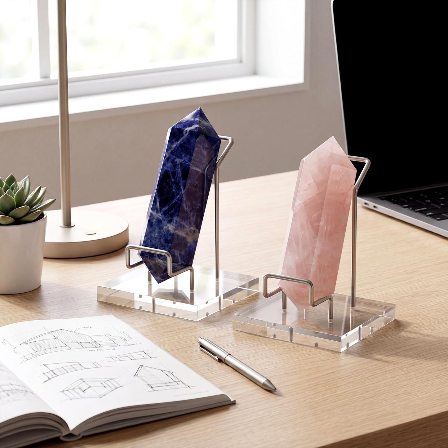RattanView 2 Pcs Rock Display Stand Crystal Display Stand Clear Adjustable Metal Arms with Acrylic Base for Crystals Rocks Gemstones Mineral Stone Specimens Collectible, 2.5 x 2.5 x 3.2 Inches
