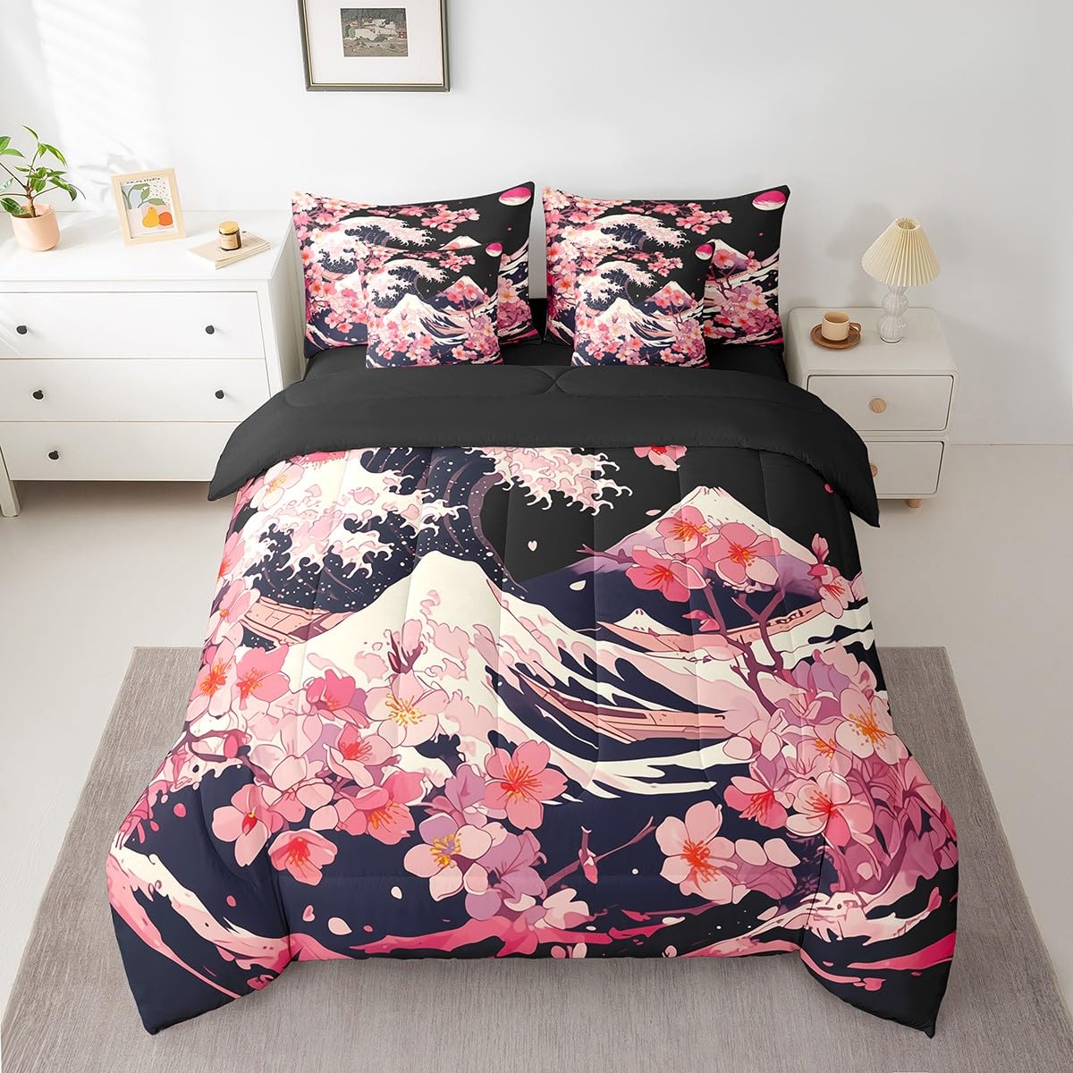 Erosebridal Pink Cherry Blossom Queen Comforter Set 7 Piece,Japanese Style Bedding Set for Girls Women Kids,Ocean Waves Bed Set Mountain Scene Bed in a Bag with Fitted Sheet,Flat Sheet,Pillowcases