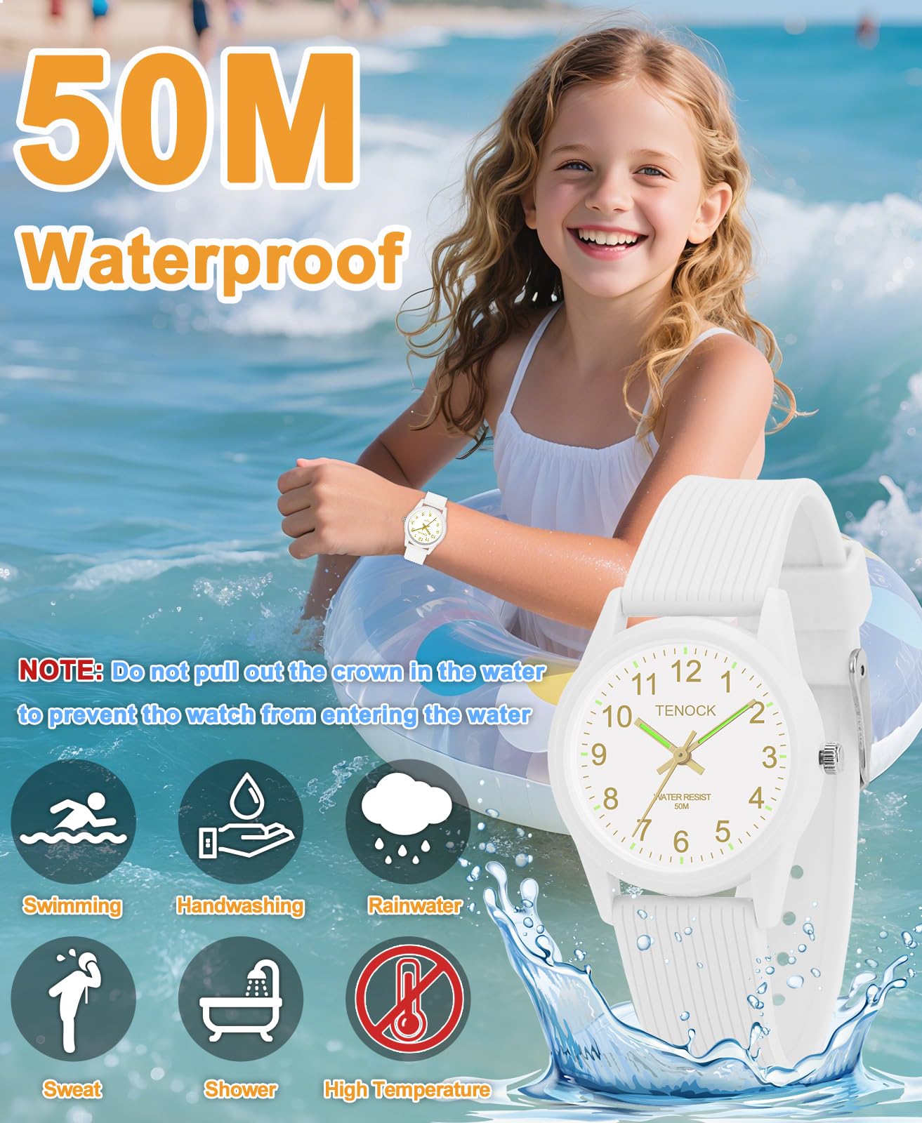 TENOCK Kids Analog Watches for Girls Boys Kids Watches with Soft Band Learning Time 50M Waterproof Children Watch Easy to Read for Ages 3-10 Children Great Birthday Gifts (White)