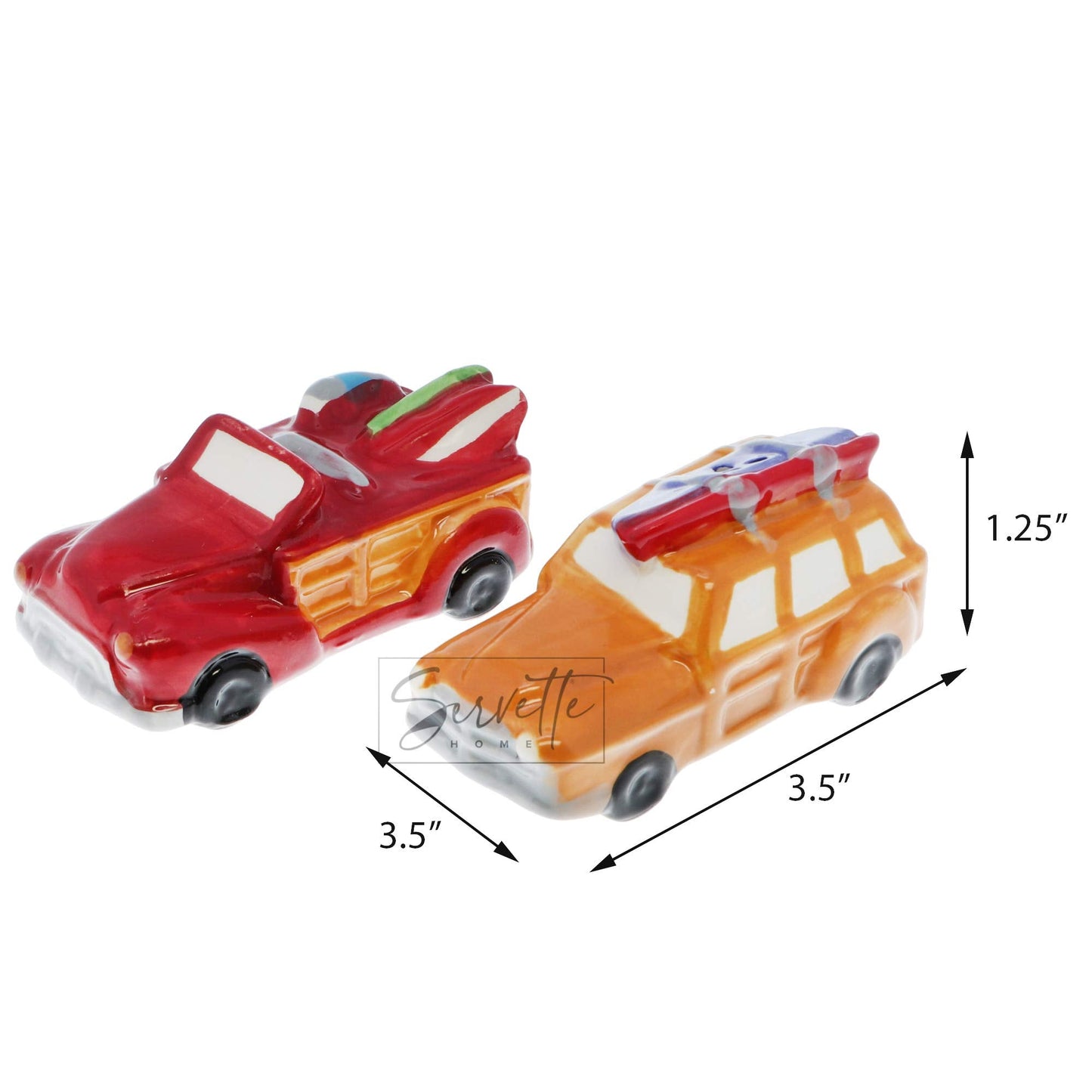 Novelty Ceramic Salt and Pepper Shaker Set Travel Beach Theme - Retro Cars with Surfboard