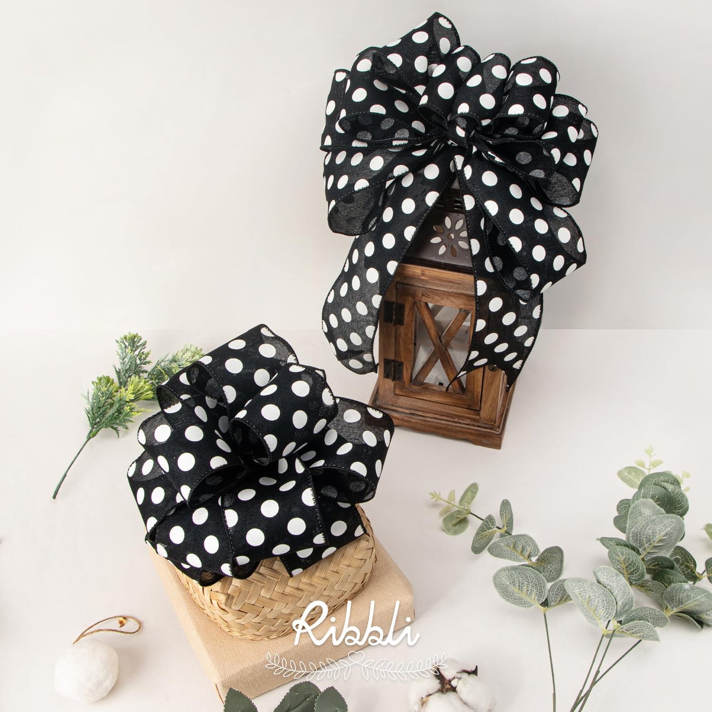 Ribbli Black and White Polka Dot Wired Burlap Ribbon,2-1/2 Inch x 10 Yard