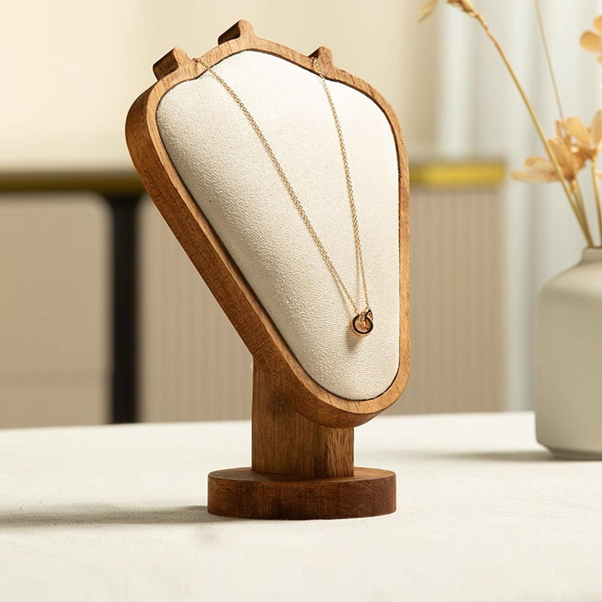 TANG SONG 8.27" Walnut Wooden Base Leather Soft Mat Necklace Display Stand Jewelry Organizer Holder (Walnut-Beige)