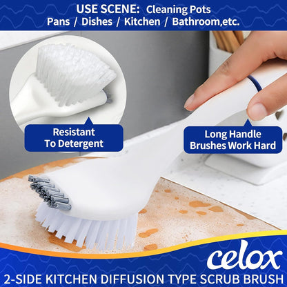 CELOX Kitchen Scrub Brush Set with Ergonomic Handle, Deep Cleaning Brushes, Include Dish Brush (Blue White)