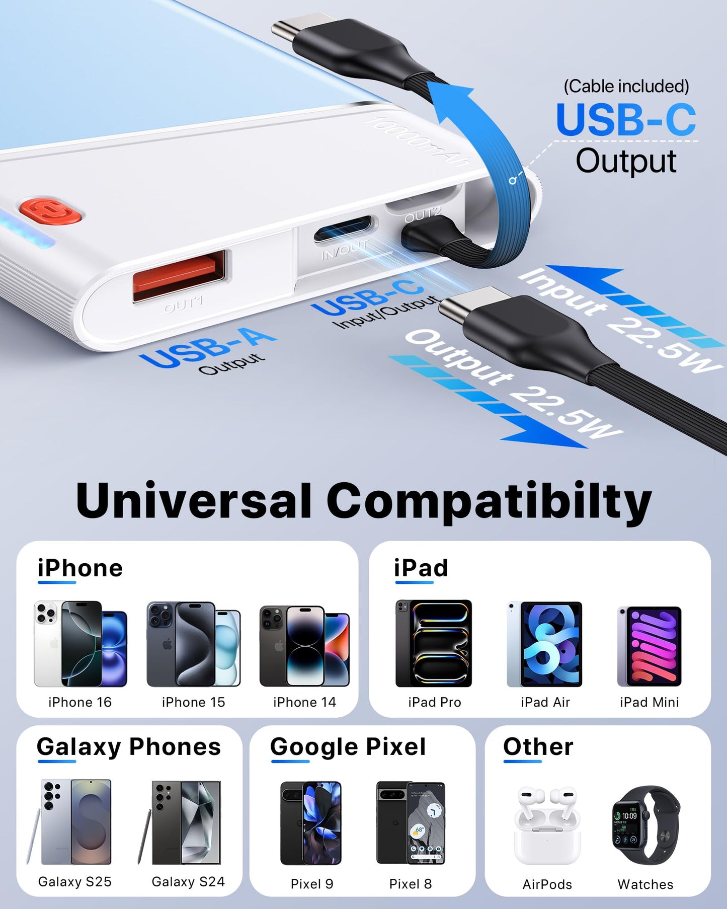 Portable Charger Power Bank, 10000mAh 22.5W PD Super Fast Charging Powerbank with Built-in USB C in&Out Cable, Slim External Phone Battery Pack for iPhone 17/16/15 iPad Samsung S24 Android etc