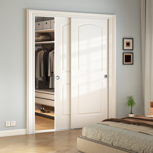 JUBEST 60x80 in Sliding Closet Door, Raised 2-Panel Arch Top White Primed Hollow Core Door Slab with Hardware Kits & Matching Fascia, Pre-drilled & Paintable, Space-Saving for Bedroom Laundry