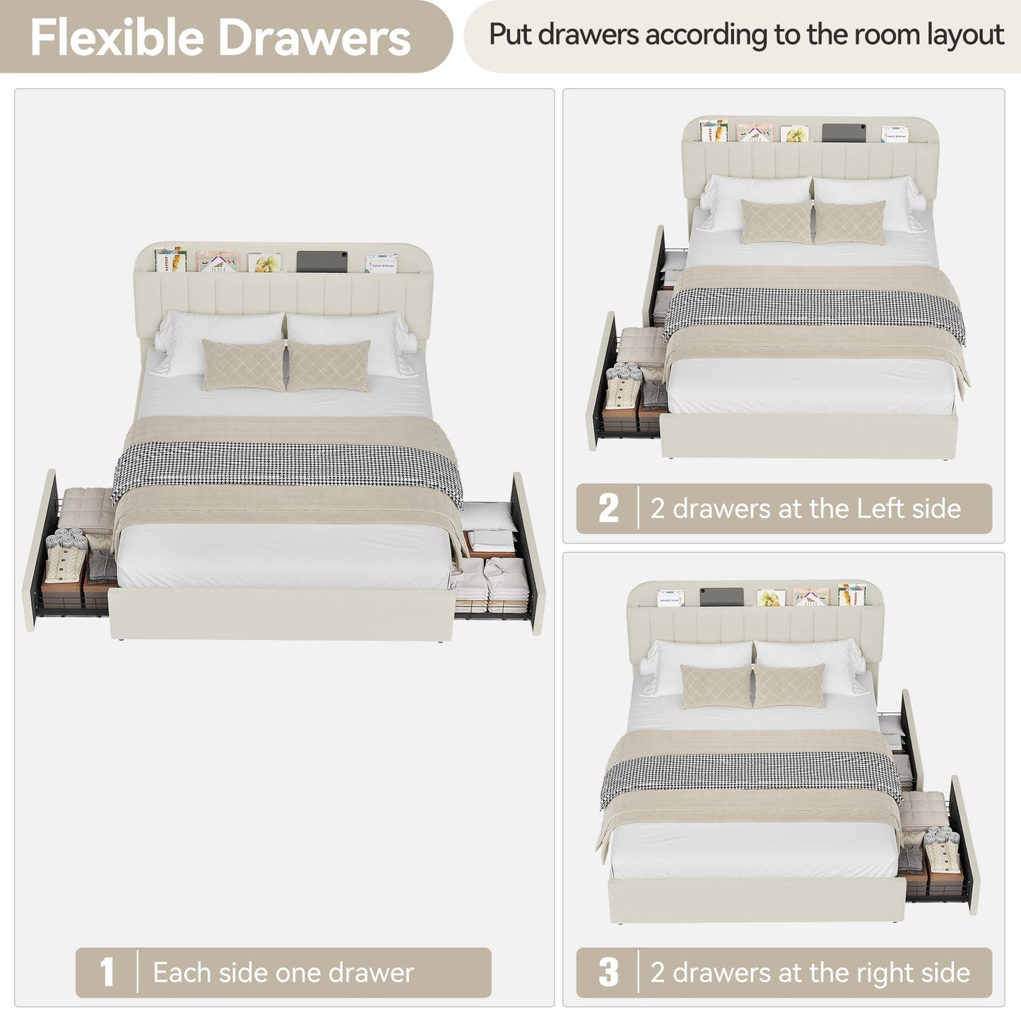 GarveeHome Full Bed Frame with Storage Headboard, Kids Bed Frame with 2 Drawers, Boucle Upholstered Platform Bed with Bookcase, No Box Spring Needed, Easy Assembly, Beige White