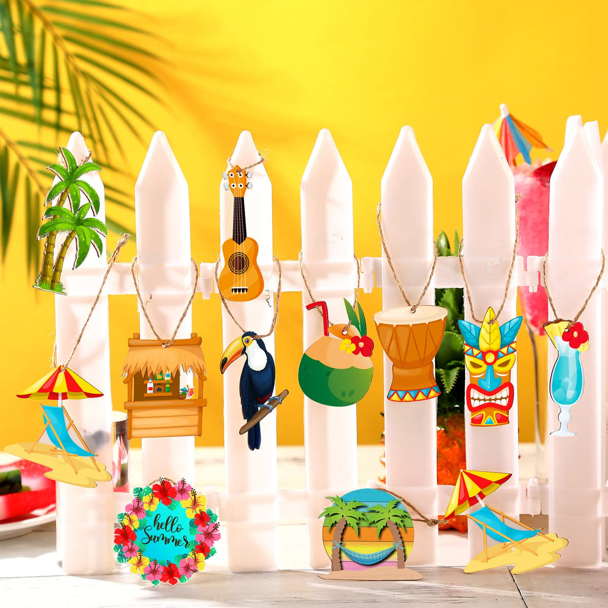 Geelin 36 Pcs Summer Wood Hanging Ornaments for Tree Christmas in July Mini Tree Decorations Hawaiian Beach Wooden Pendant Decorations with String for Luau Party Supplies(Aloha)