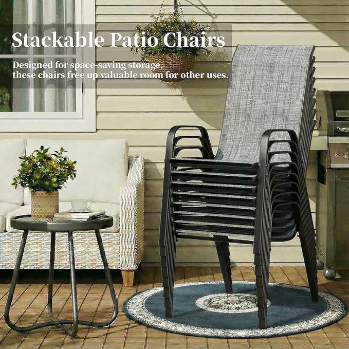 MAMIZO Patio Dining Chairs, Stackable All Weather Teslin Chair, Heavy Duty Outdoor Breathable Chairs Set, w/Armrests, Upgraded Chair FeetW/Strenthened Iron Spacers, 330 LBS (8, Grey)