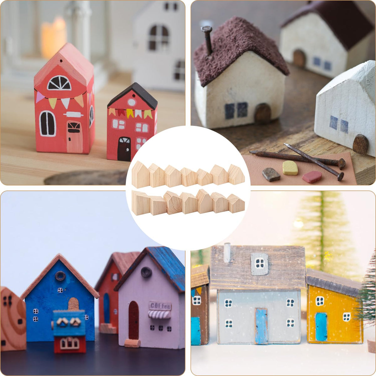 Yiksonyo 56 PCS Multi-Size Unfinished Wood House Shaped Blocks, Wooden Houses for Crafts, Arrow Shape Wood Blocks for DIY Projects, Home Decor, and Festive Occasions