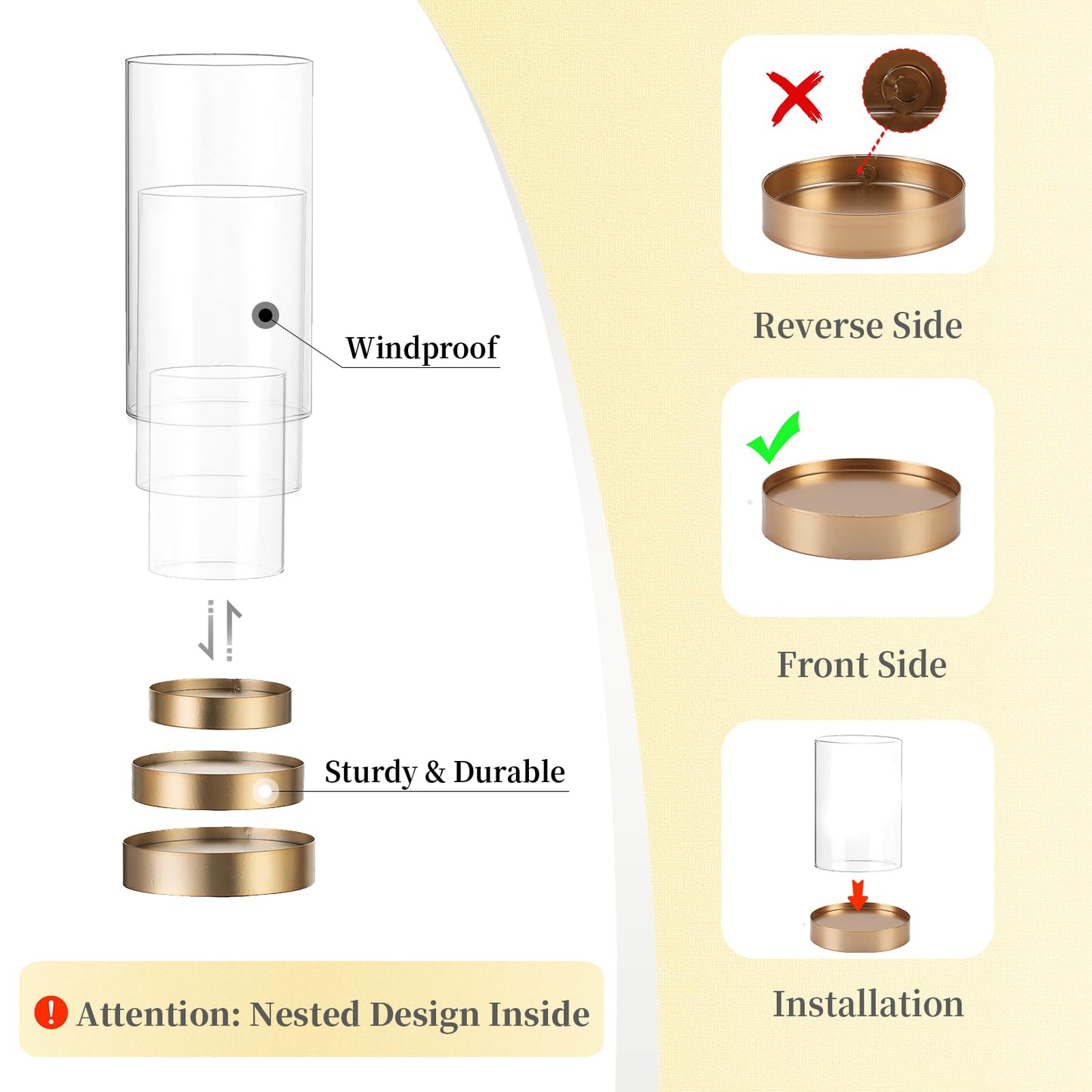 Hewory Hurricane Candle Holder for Pillar Candles: Gold Votive Candle Holders Set of 6, Glass Hurricane with Metal Candle Plate, Pillar Candle Holder for Table Centerpiece Wedding Holiday Home Decor