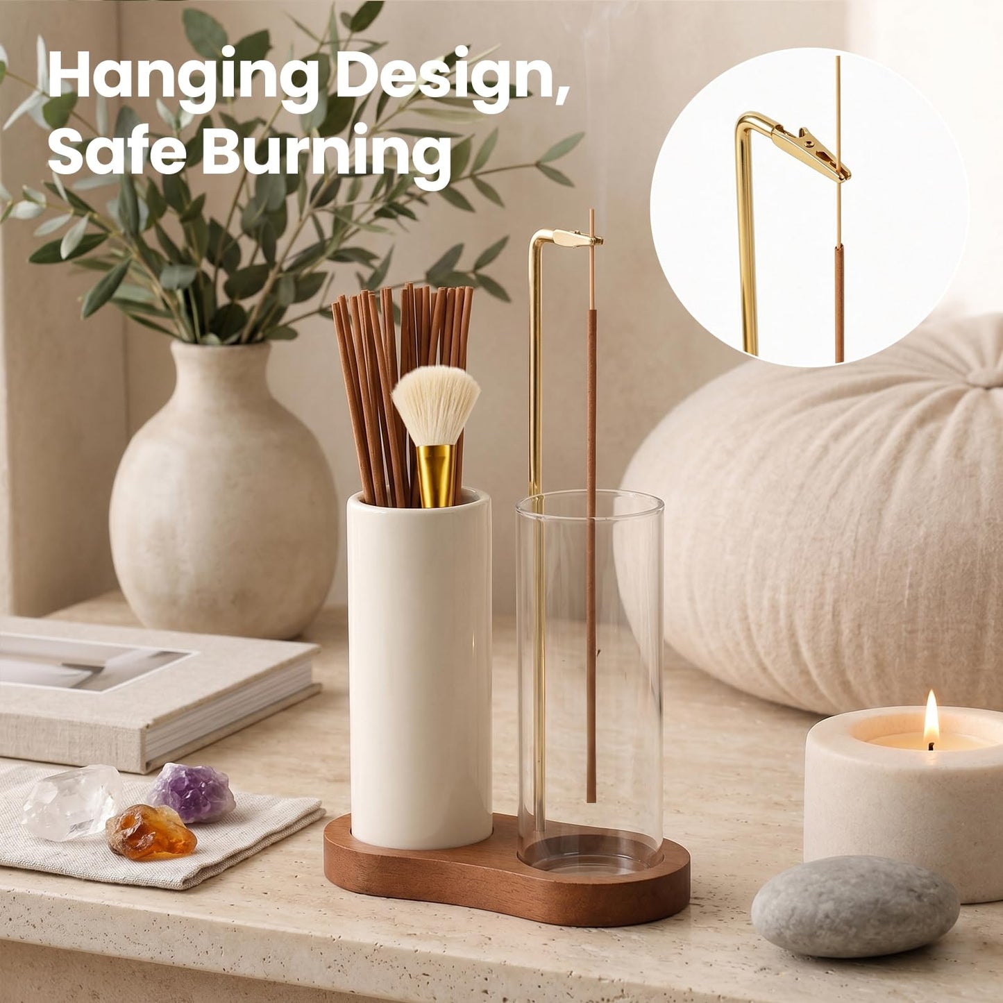 2 in 1 Incense Holder with Glass Ash Catcher, Ceramic Storage Jar, 25 Incense Sticks & Ash Brush, Ideal for Meditation, Yoga, Spa & Home Decor