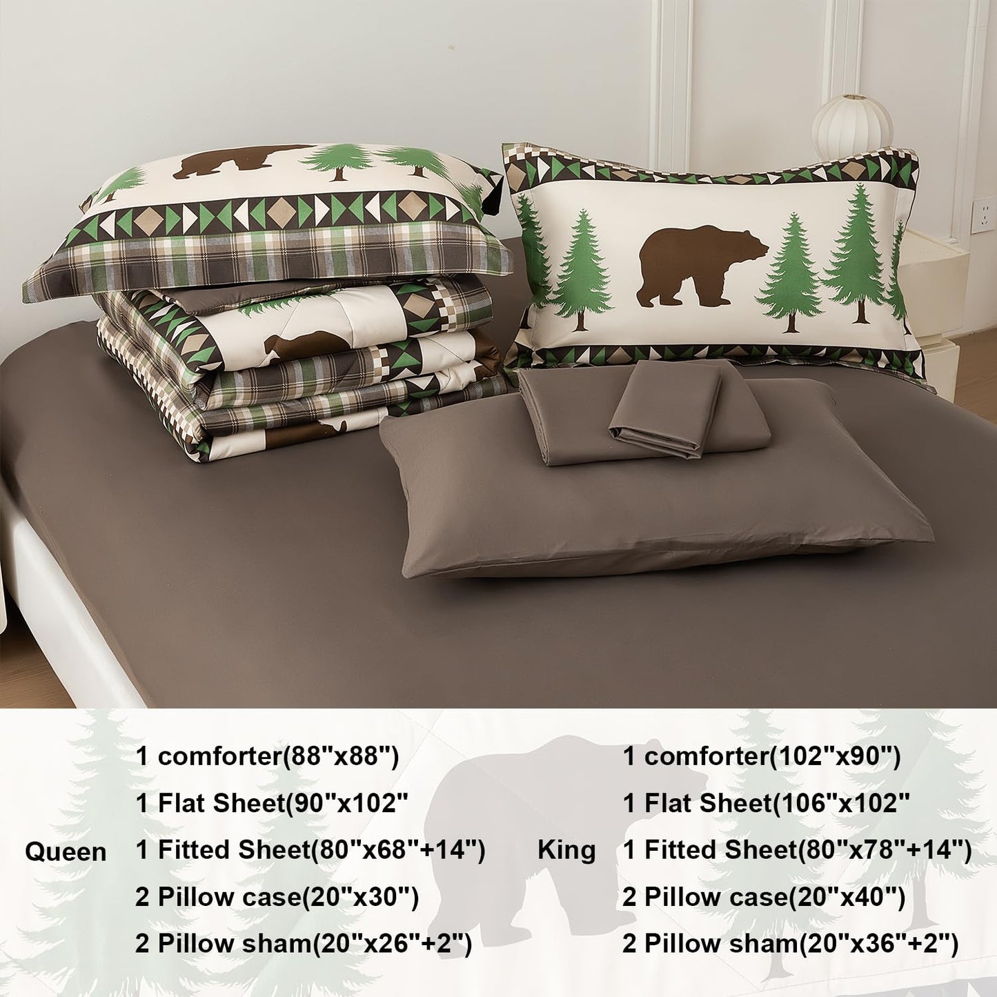 Smuge Lodge Moose Comforters Queen Size Set - 7 Pieces Bed in a Bag Bear Rustic Cabin Country Comforter Sets Queen Bed, Down Alternative Bedding Sets, Sheets, Pillowcases & Shams(Coffee Green)