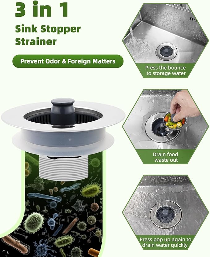 Universal 2PCS Kitchen Sink Strainer Stopper Combo, 3 in 1 Pop Up Kitchen Sink