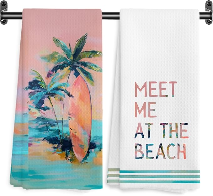 Boho Coastal Beach Kitchen Towels, Meet Me at The Beach Decorative Hand Towels