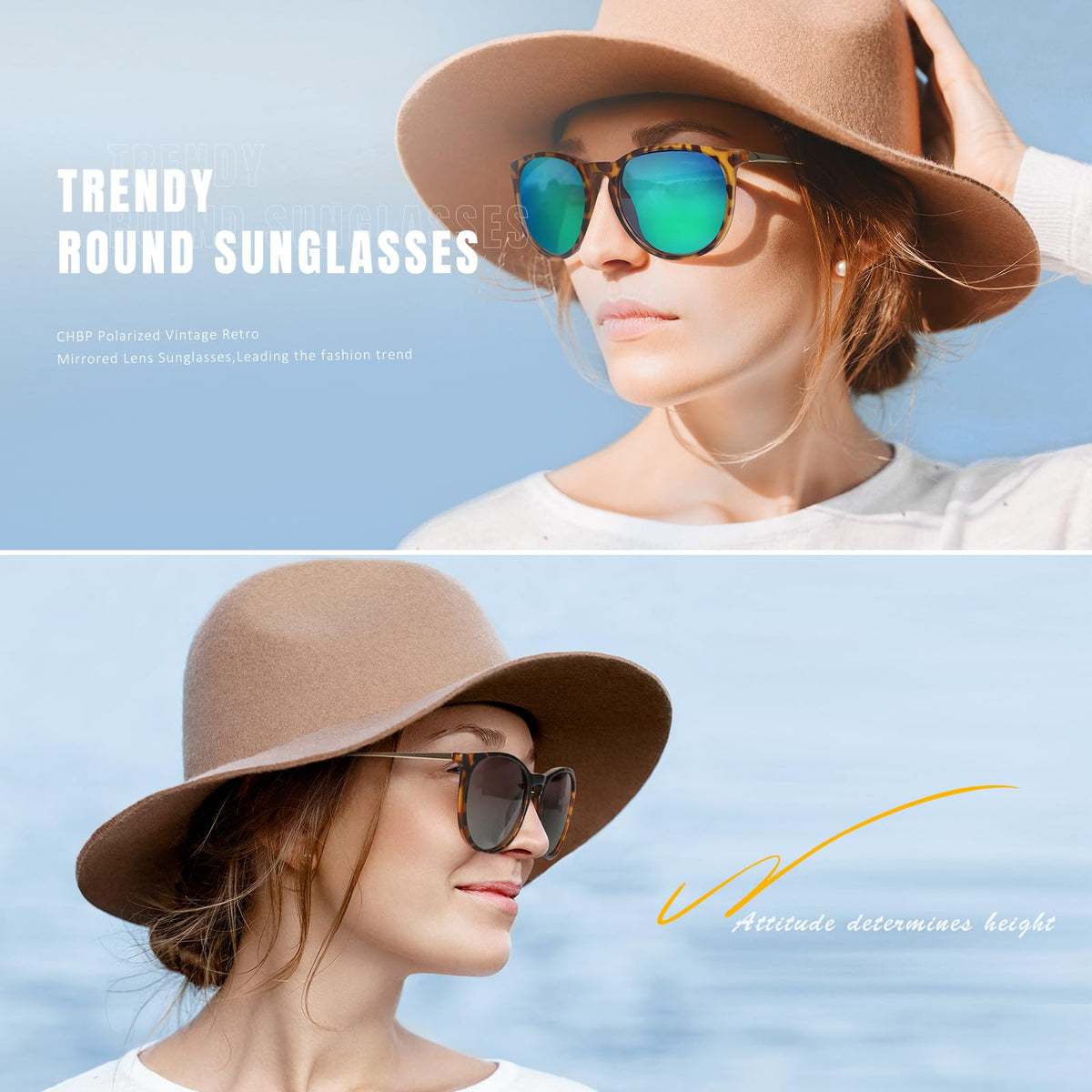 CHBP Sunglasses Womens Men Polarized UV Protection Trendy Vintage Retro Round Mirrored Lens Sunglasses For Women