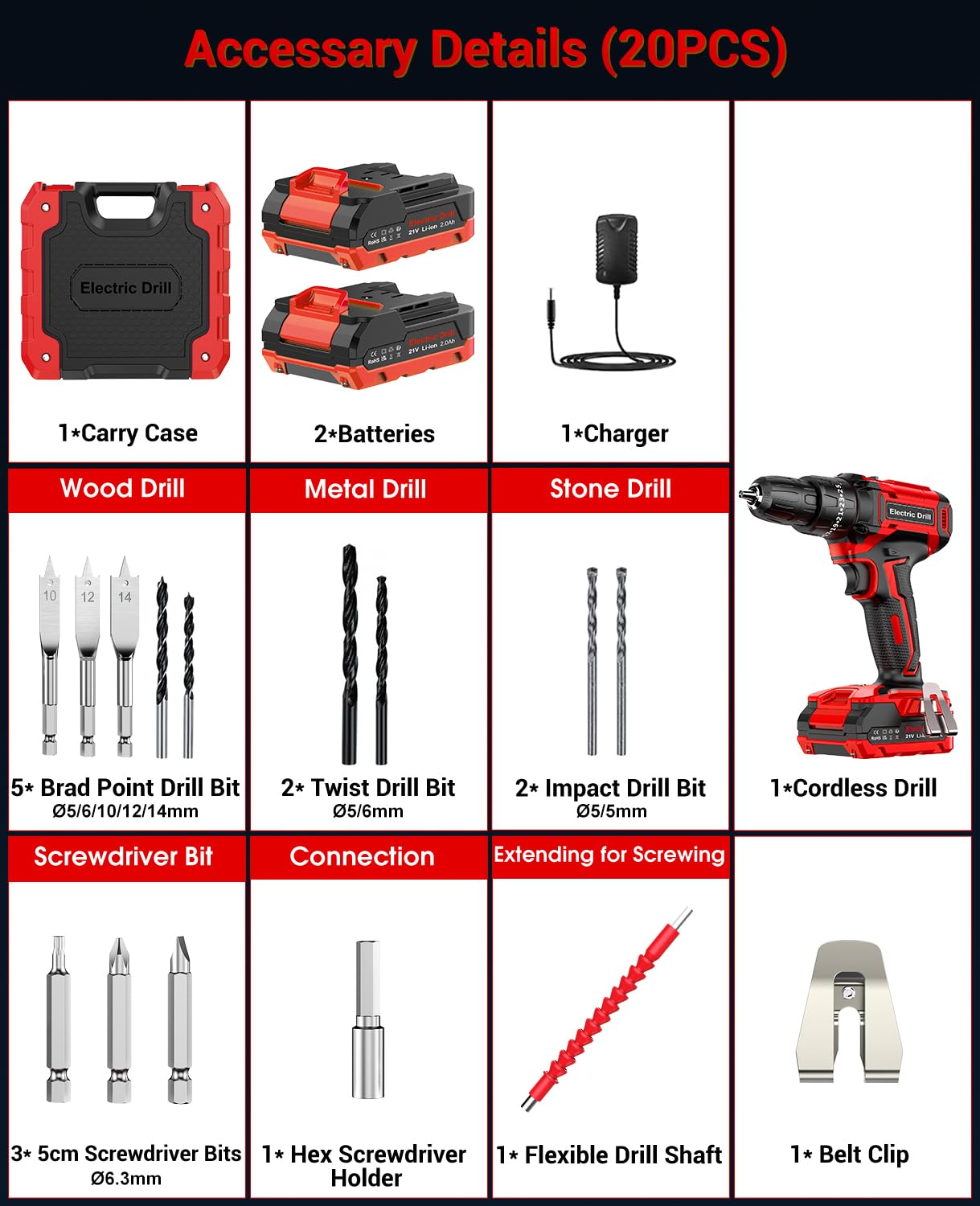 Power Drill Set 21V, Cordless Hammer Drill with 2 Batteries 2.0Ah,42N.m Max, 25+3 Torque, 2 Speed, LED Light, 20pcs Bits Electric Drills for Home