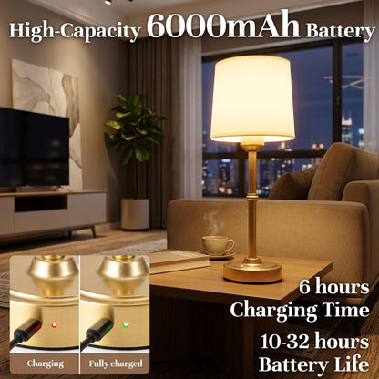 Cordless Table Lamp Rechargeable, Portable Battery Operated Light for Bedroom Living Room, 6000mAh Fabric Shade Desk Lamp 3000K Eye-Caring Home Decor for Dining Balcony Patio Counter Nightstand Hotel