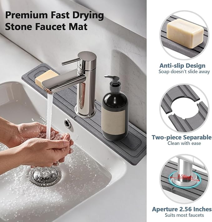 Faucet Mat for Kitchen Sink, Rapidly Absorbing Diatomite Fast Drying Stone