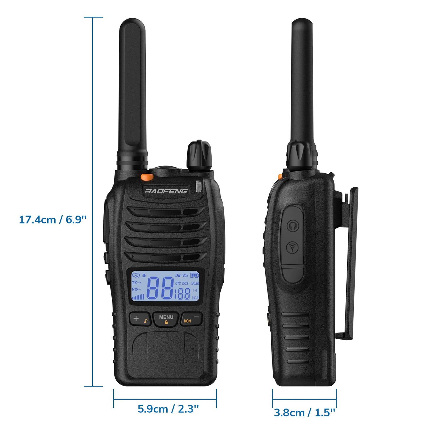 BAOFENG BF-88ST Pro Walkie Talkie, Upgraded Long Range Rechargeable License-Free PMR446 Two Way Radios with LCD Display, VOX Dual Watch, Desktop Charger and Earpieces, 4 Pack