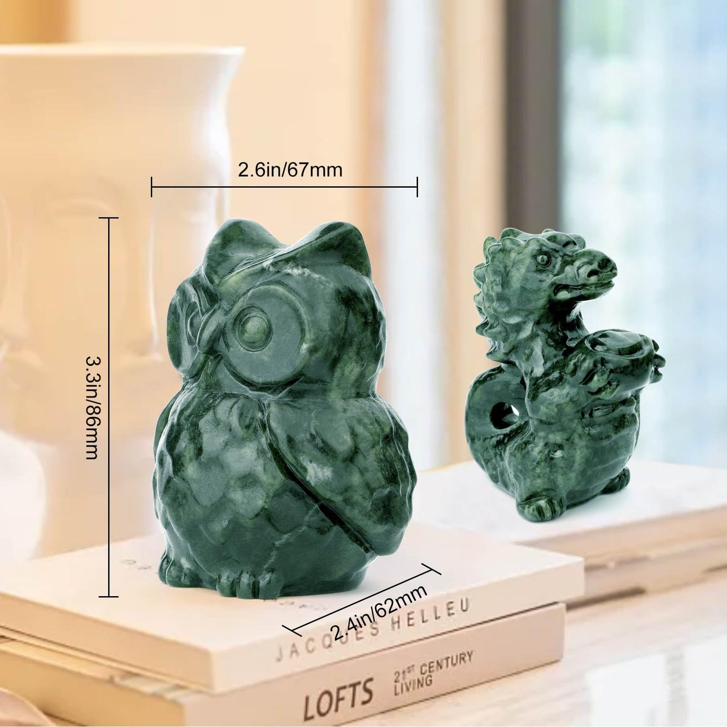 gemshan Jade Stone Owl Statue - 3.3inch Jade Statue Hand-Carved Animal Figurines for Home Office Desk Decoration