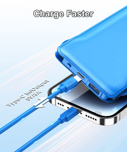 TG90° Portable Charger 10000mah Cell Phone Battery Backup, Ultra Slim Power Bank with Built in Lightning and USB-C Cable, Portable Phone Charger Battery Packs Compatible with iPhone Android Phones