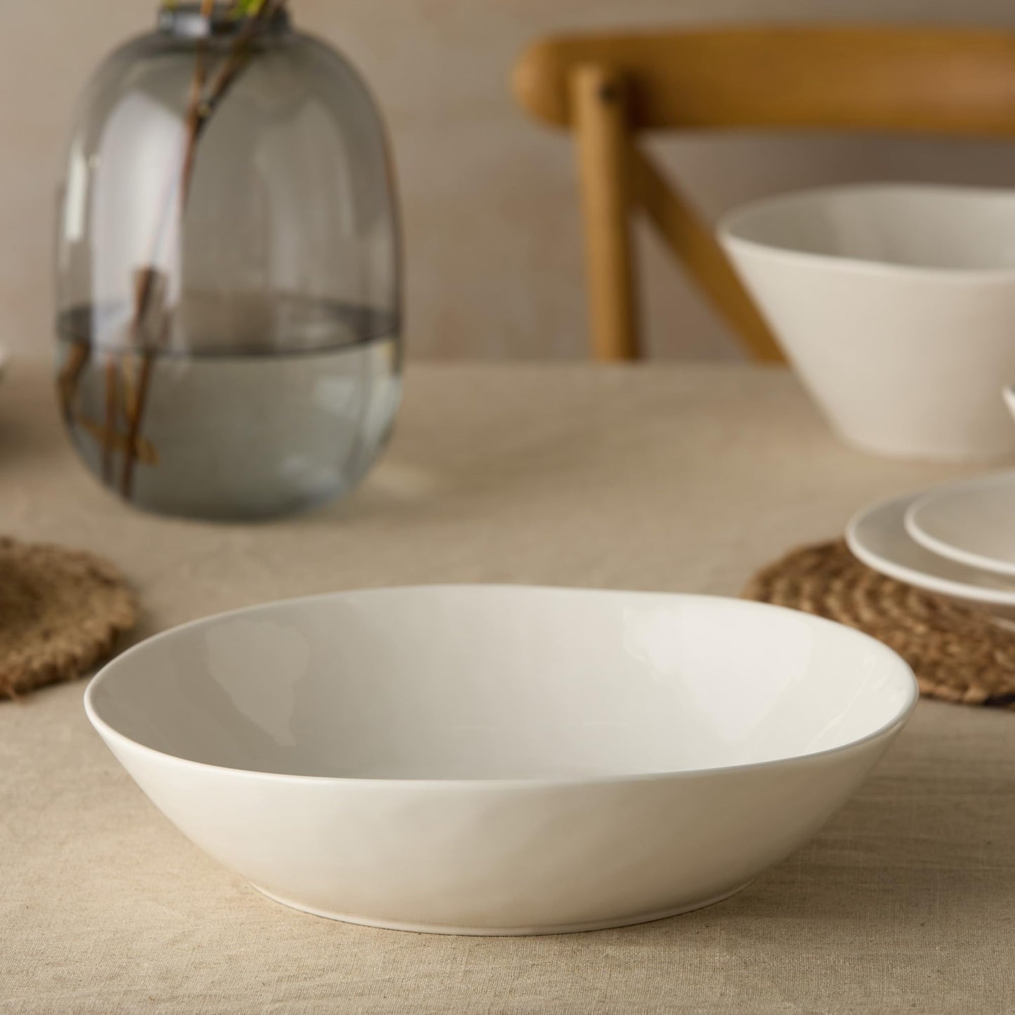 Linen Cream Stoneware Pasta Serving Bowl 128 oz – 13"x3" Oversized Neutral Glazed Bowl for Pasta, Salads, Entrees & Family Meals – Modern Farmhouse Style, Durable Stoneware Serveware