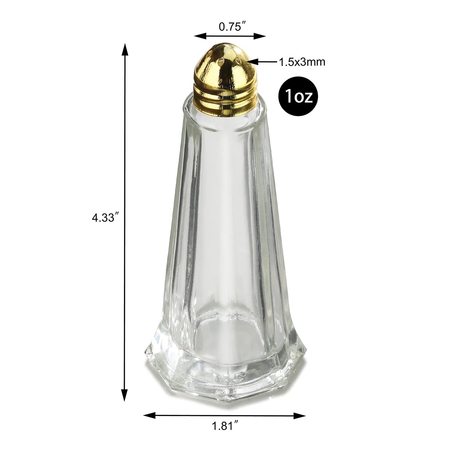 New Star Foodservice Glass Tower Salt and Pepper Shakers, 1 oz Set of 12, Clear Glass Shakers with Gold Plated Tops for Restaurants and Tabletop Use