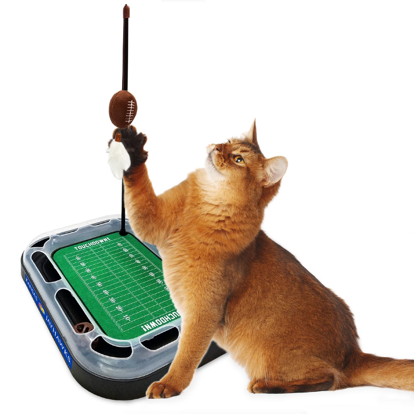 Pets First CAT Scratcher & Plush Football Toy with Catnip, Feather & Jingle Bell Interactive Ball Cat Chasing 5-in-1 Kitty Toy