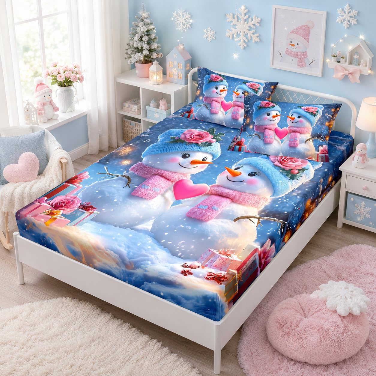 HOSIMA Snowman Twin Fitted Sheet,Cute Snowmen Looking at Each Other,Flowers Gifts Pattern Christmas Bedding Set Romantic Themed Couple Bedding for Women Bedroom Decor,1 Fitted Sheet+2 Pillowcases.