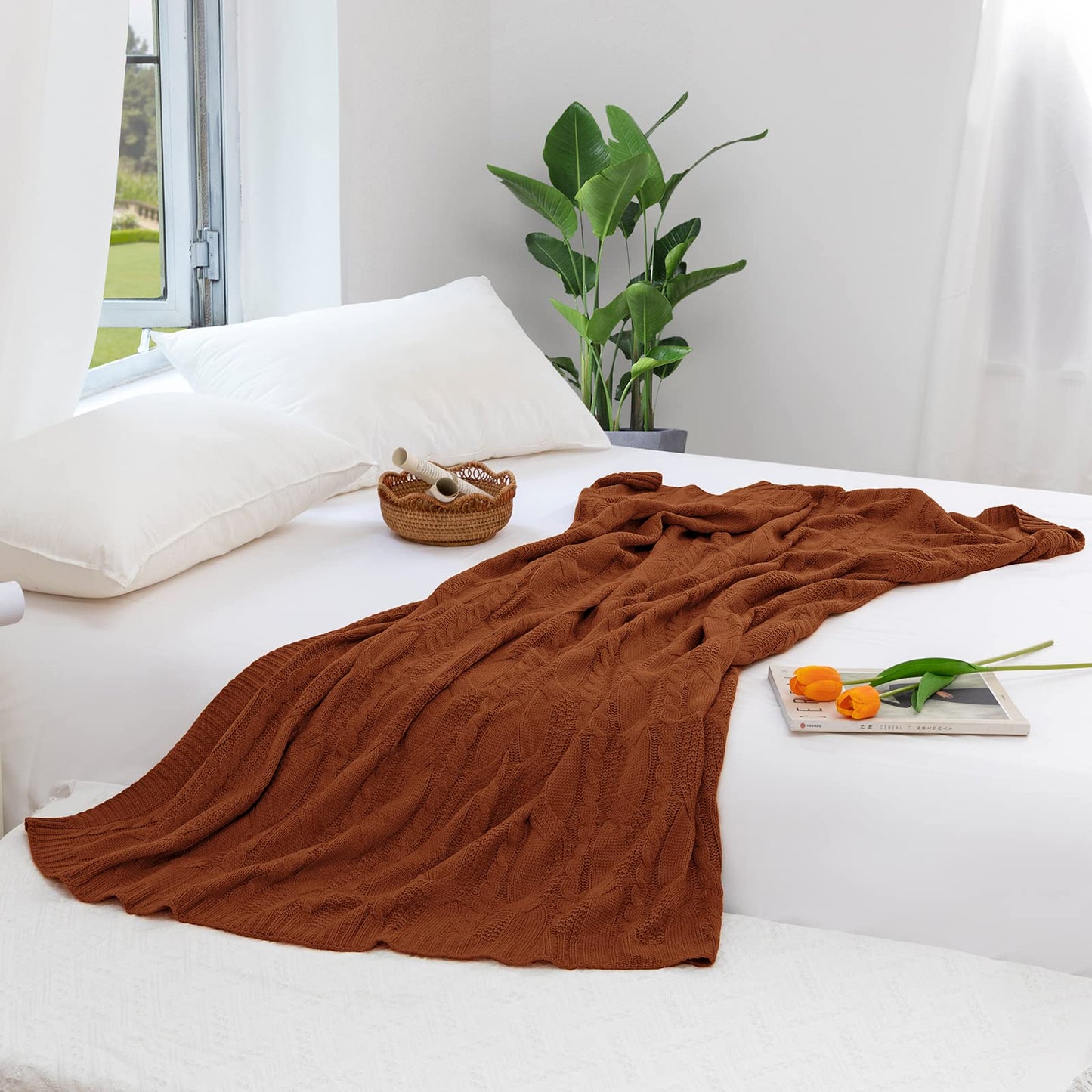 Aormenzy Dark Terracotta Knit Throw Blankets Cable Knit Decorative Throw Blanket Rust Soft Cozy Knitted Blanket for Sofa Couch Bed, 50" x 60"